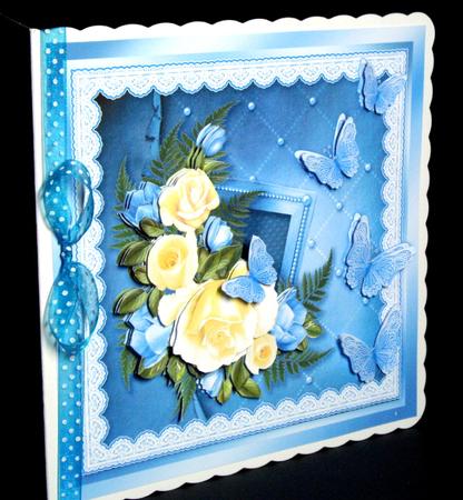 Ivory Roses on a Blue Quilted Background 8inx8in Decoup Kit by Dianne Jackson