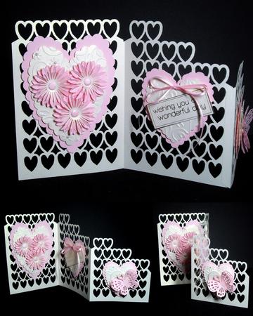 Lattice Hearts Z Fold Card with Flowers by Dianne Jackson