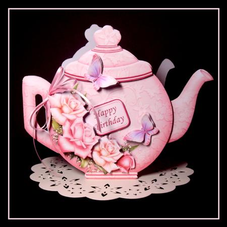 Teapot Shape Card Pink Roses & Decoupage Card Kit by Dianne Jackson