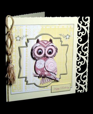 Female Owl Hoots Hello Card Front with Decoupage by Dianne Jackson