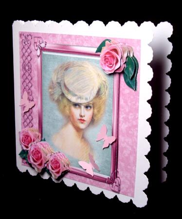 Portrait Lady Green in Glass Frame & Pink Rose Decoupage by Dianne Jackson