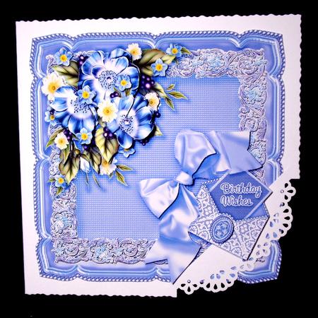 Blue Flowers and Daisies on a Silk Cushion 8in x 8in Decoupa by Dianne Jackson