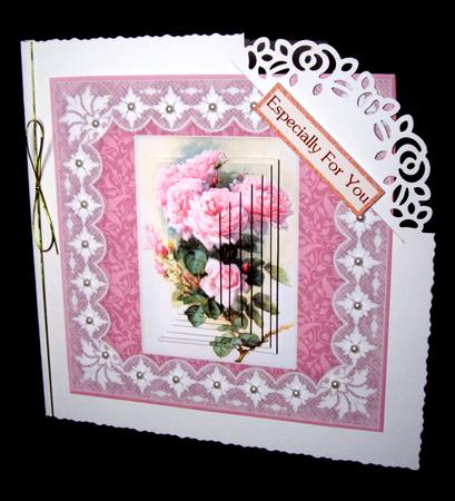 Pink Roses 'n Lace Spiral Pyramid Square Card Front by Dianne Jackson