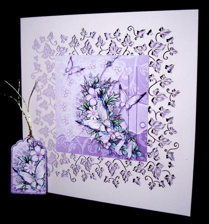 Lilac Flowers and Butterflies on a Fan 5in x 5in Pyramage by Dianne Jackson
