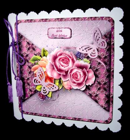Pink and Peach Roses Mock Wrap Card Front by Dianne Jackson