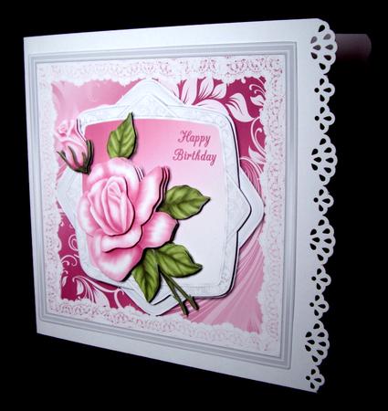 Lace Edged Pink Rose Birthday Card Front by Dianne Jackson