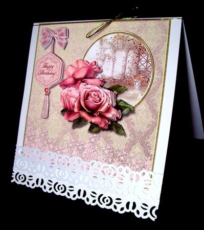 Blush Roses with Damask and Lace Border Card Front by Dianne Jackson
