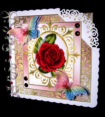 Red Rose, with Rainbow Butterflies in Ornate Frame 8x8 by Dianne Jackson