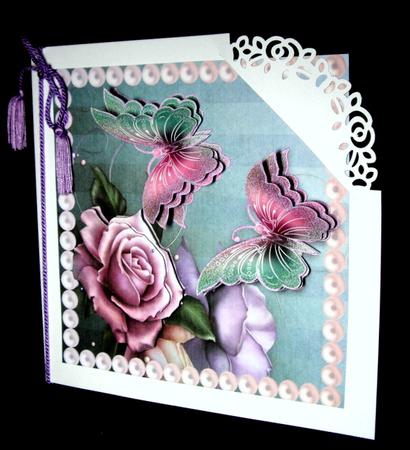 Pink Roses with Butterflies in Pearl Frame 8x8 by Dianne Jackson