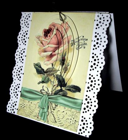 Single Pink French Rose in Cream Lace Oval Pyramids by Dianne Jackson