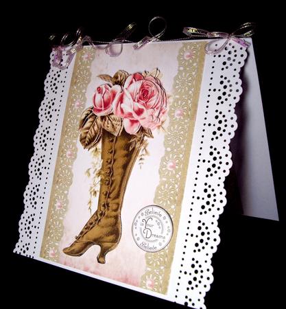 Vintage Boot with Pink Roses on Ecru Vintage Lace by Dianne Jackson