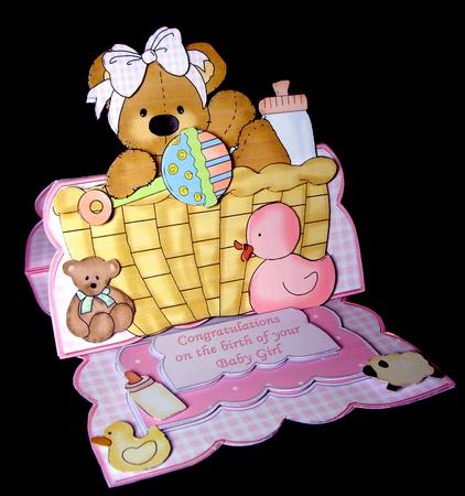 Baby Girl Bear in Basket Easel Card Kit by Dianne Jackson