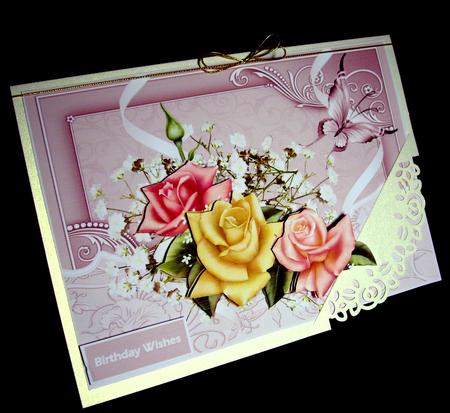 Yellow and Pink Rose Card with Decoupage by Dianne Jackson