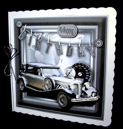 Silver Vintage Car with Birthday Bunting Decoupage by Dianne Jackson
