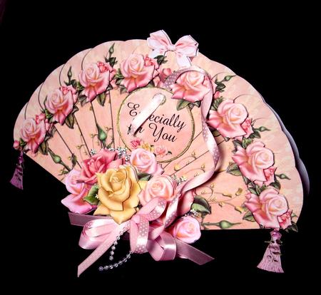 Pink Roses Vintage Fan Shaped Card Plus Stand and Gift Card by Dianne Jackson