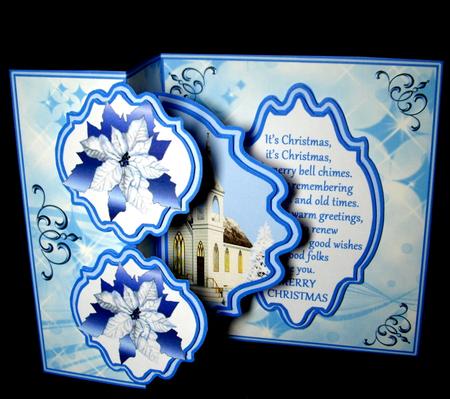 Fold Back Pop-up - White Church with Poinsettias (blue) by Dianne Jackson