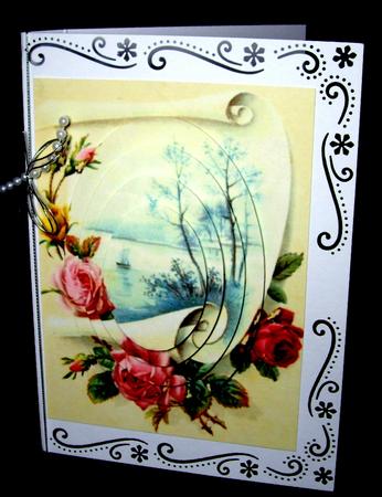 Beautiful Pink Roses with Scene on a Scroll , Oval Pyramids by Dianne Jackson