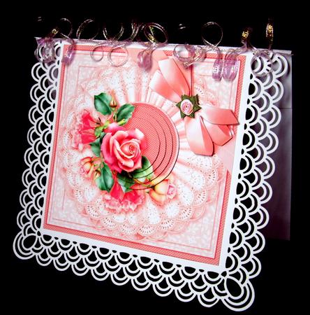 Pink Roses with Broiderie Anglaise Doily 6in x 6in Pyramage by Dianne Jackson