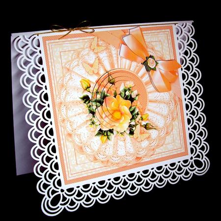 Vintage Peach Roses with Broiderie Anglaise Doily 6x6 Pyram by Dianne Jackson