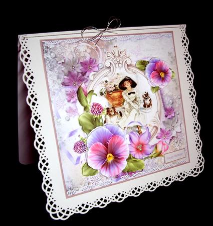 Lady and Her Dogs 7x7 Card with Pansy Decoupage by Dianne Jackson