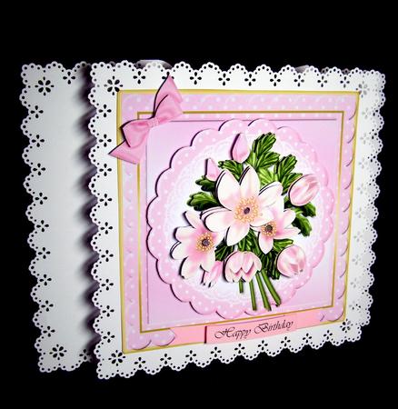 Pink Floral Bouquet on Scalloped Card Front by Dianne Jackson