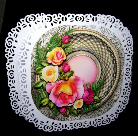 Roses on a Champagne Gold Frame - 8in x 8in Decoupage by Dianne Jackson