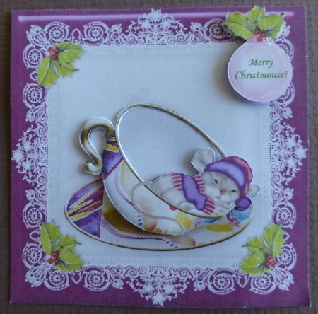 Merry Christmas Teacup Mouse (2) - 8" x 8" Card Topper by Donna Ritchie