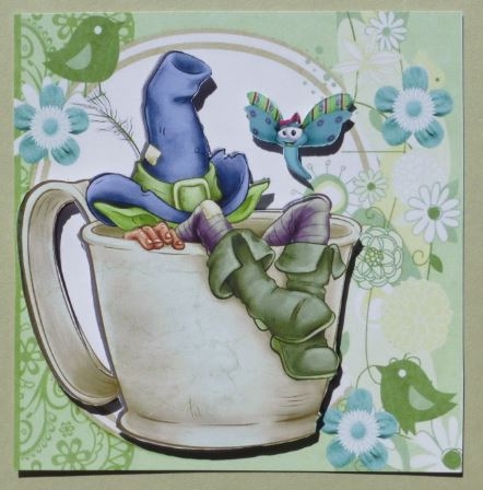 Gnome in Blue Hat Taking a Nap in a Teacup 8x8 by Donna Ritchie