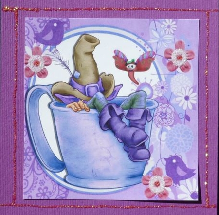 Gnome in Brown Hat Taking a Nap in a Teacup 8x8 by Donna Ritchie