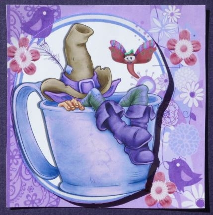 Gnome in Brown Hat Taking a Nap in a Teacup 8x8 by Donna Ritchie
