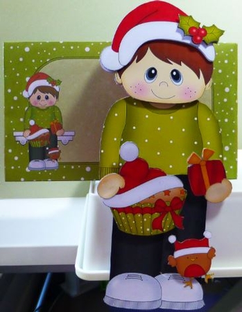 3D Christmas On the Shelf Card Kit - Cute Christmas Boy has a Fesive Cupcake by Donna Ritchie