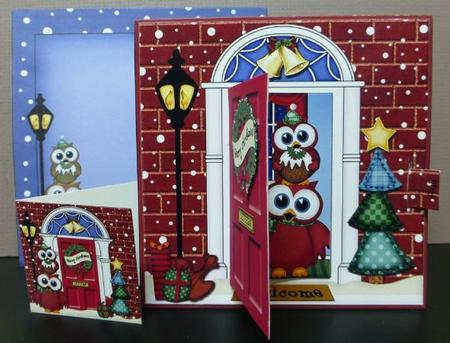 3D Xmas Owl's Pudding Animated Moveable Open Door Card Kit by Donna Ritchie