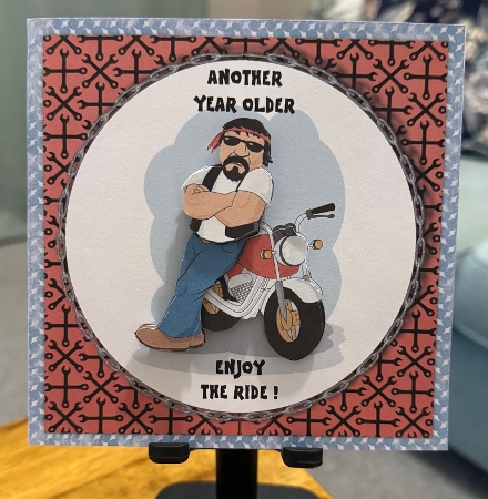 Cartoon Male biker birthday card topper for 6x6 card by Doreen Bell