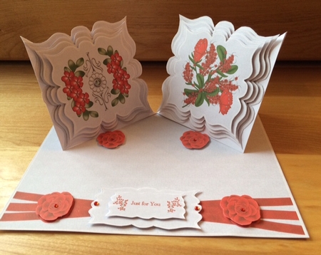Grey canvas double easel card with red flowers. by Doreen Bell