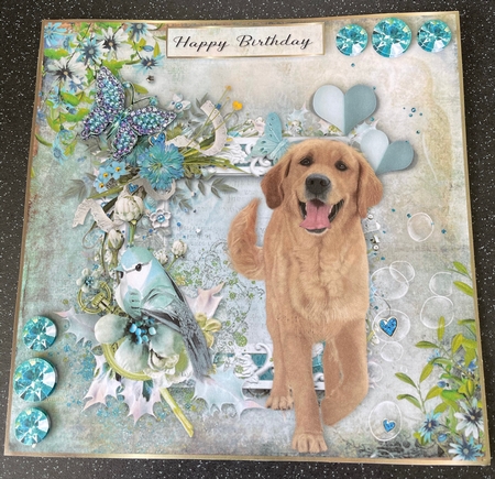 8x8 Teal Garden Pup Golden retriever by Doreen Bell