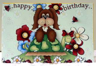 Flower Puppy and Tortoise Card Front & Decoupage by Dorothy Manchester