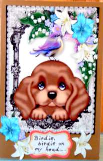 Little Puppy with Little Bird in Flower Frame A4 by Dorothy Manchester