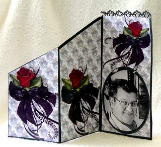 Red Rose and Black Ribbon Corsage Tri-fold Card by Dorothy Manchester