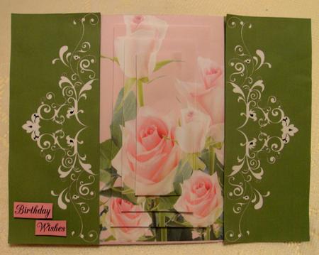 Gatefold Green with Pink Roses Pyramid Happy Birthday Congr by Edna Pattison