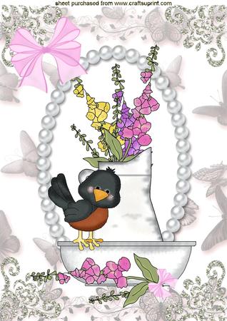 Little Bird with Flowered Vase, in Butterfly Pearl Frame, A4 by Edna Pattison