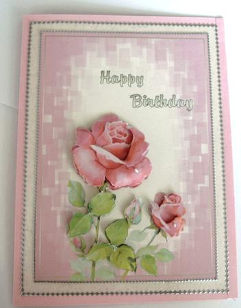Pink Roses Happy Birthday Card Front with Decoupage by Edna Pattison