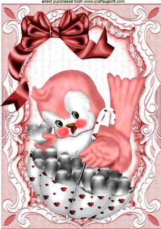 Pink Chick with Umberella in Floral Frame A4 by Edna Pattison