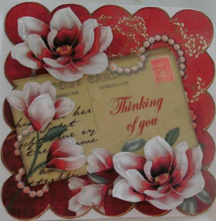 Red Magnolia Thinking of You 6in Decoupage Topper by Edna Pattison