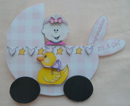 Baby Girl Pram Shaped Card by Edna Pattison