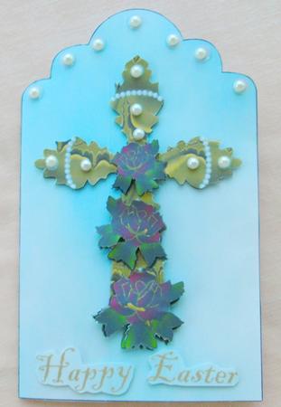 Tag Shaped Duo Fold Easter Cross with Roses & Pearls Card by Edna Pattison