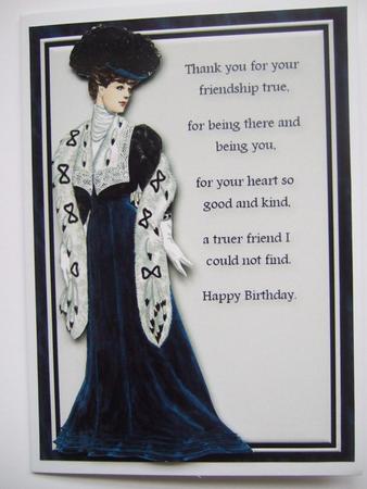 Lady in Blue, Cream and Black Card Front with 'friend' Verse by Eileen Hyde