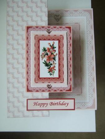 Pink Flowers and Lace Fold Back Card by Eileen Hyde