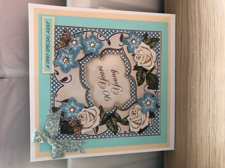 Cream Teal Fmk 90 Years Young 7in Fancy Decoupage Topper by Elaine Franks