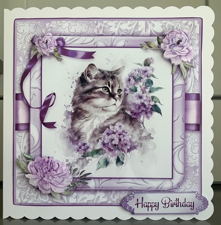 Peonies Cats Purple Card Front Kit-5 by Elaine  Harmer
