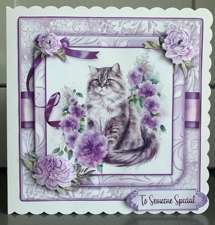 Peonies Cats Purple Card Front Kit-7 by Elaine  Harmer